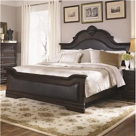 Queen Bed with Upholstered Panels and Shell Carving